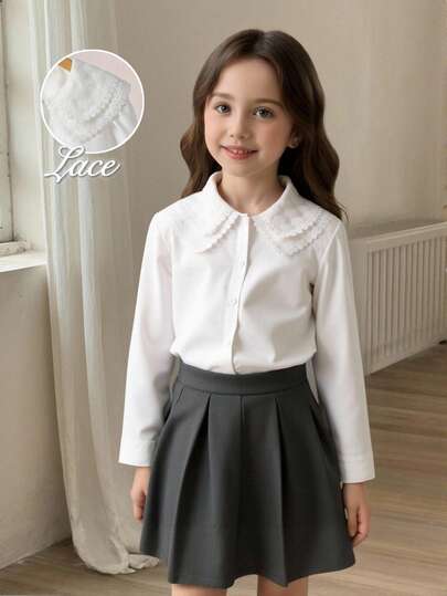 Elladie kids 少女春秋返校休闲时尚衬衫，白色双层蕾丝领，纽扣前襟，长袖，韩版风格，适合少女返校、春夏秋三季穿着，休闲、优雅、温柔，适合日常出行、返校、度假、秋冬写真拍摄。