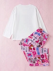 Mean Girls X SHEIN Set pigiama comodo con grafica a figura, maniche lunghe e pantaloni, set pigiama autunnale rosa, set pigiama femminile, set pigiama per donne, set pigiama per compleanni, set pigiama per addio al nubilato, abbigliamento autunno-inverno, outfit comodo