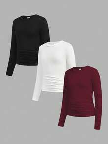 Sparklyn 3pcs/Set Tween Girls Casual Ruched Waist Round Neck Short Fitted Long Sleeve T-Shirts Fall Winter - Multicolor - View 3