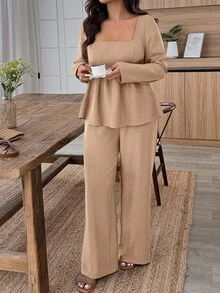 EMERY ROSE Conjunto de 2 piezas de camisa y pantalones de unicolor informal de talla grande - Caqui - Ver 3