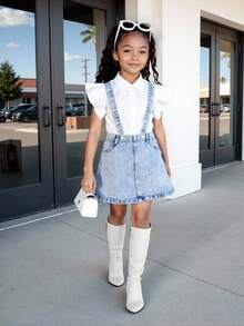 Young Girls 2 Pieces Set: Fashionable Playful White Cap Sleeve Blouse And Figure-Flattering Washed Denim Pinafore Skirt, Casual Everyday Wear, Spring/Autumn, Suitable For Little Girls Summer Outfits For Girls Clothes Set Girls Clothes Classic, School, Campus, College