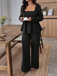Weeklong Plus Size Casual Solid Color Shirt And Pants 2 Pieces Set
