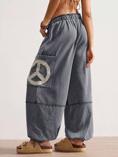 Bohemela 波西米亚风休闲度假风格和平标志刺绣纯色针织宽松抽绳女裤