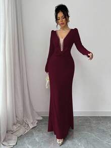 Elenzga Vestido de fiesta elegante y romántico para mujer con escote en V, cintura con lazo con cuentas y dobladillo con volantes - Burdeos - Ver 6