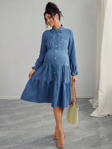 SHEIN Maternity Casual Front Button Ruffle Hem Long Sleeve Denim Dress, Autumn