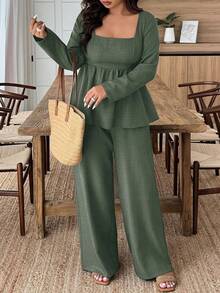 Weeklong Conjunto de 2 piezas de top de manga larga con cuello cuadrado y pantalones de unicolor talla grande - Verde militar - Ver 3