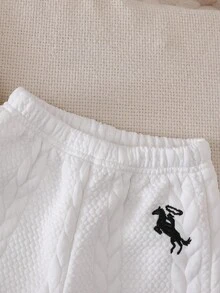 SHEIN Playful Pals 2 件套女婴舒适休闲针织麻花圆领插肩袖马刺绣上衣和松紧腰裤套装，适合春秋过渡期日常穿着 - 彩色 - 查看 8