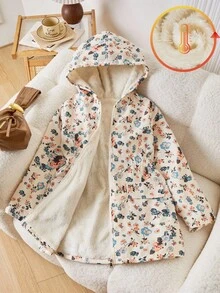 SHEIN 女童时尚休闲碎花拉链连帽夹克，收腰设计，适合秋冬季外出、购物、旅行、通勤，可搭配运动裤或牛仔裤 - 杏色 - 查看 3