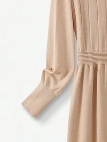 Franclia 优雅淑女休闲修身圆领长袖针织腰A字杏色女式毛衣裙，秋冬 - 杏色 - 查看 4