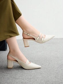 CUCCOO BIZCHIC 女士尖头粗跟穆勒鞋，米色百搭简约百搭通勤工作鞋 - 米色 - 查看 3