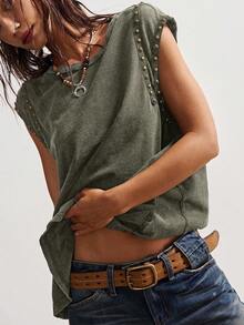 Bohemela 夏季西部音乐节纯色铆钉针织水洗宽松女士T恤 - 橄欖綠 - 查看 4