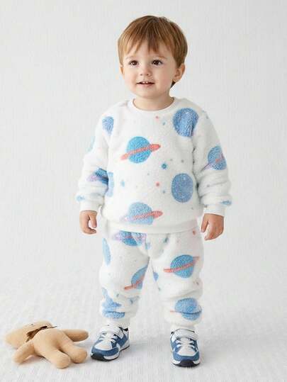 Cozy Pixies 2 piezas/Set Sudadera de felpa gruesa con estampado de planetas y pantalones de cintura elástica para niño pequeño, 2 piezas/Set Pijama de suéter de cuello redondo de punto suave forrado de felpa y pantalones, estilo básico clásico y cómodo adecuado para el hogar, uso diario, festivales, Halloween, Navidad, adecuado para invierno, otoño, Navidad