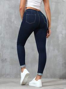 SHEIN ICON Plus Size Women's Classic Blue Denim Skinny Jeans Spring - Blue - View 2