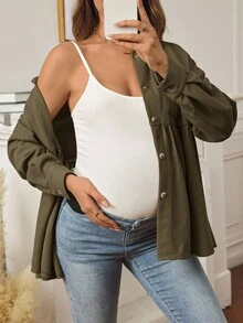 SHEIN Maternity Casual Solid Color Front Button Long Sleeve Jacket, Autumn - Army Green - View 4