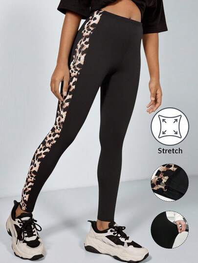 SHEIN Tween Girls' Black Street Style Leggings With All-Over Printed Side Details And High-Stretch Trousers Side Stripe Pants Animal Print Pants Black Leggings Animal Print Leggings Patterned Leggings Leopard Print Leggings Fall Winter