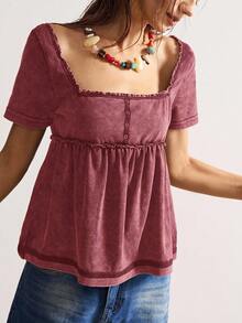 Bohemela Top ajustado de manga corta de punto lavado de unicolor casual con volantes en el cuello de tripulación para mujer - Burdeos - Ver 5