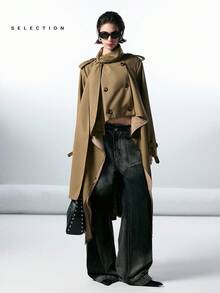 LYSMO SELECTION 2025 Winter Minimalist New Style Women's Asymmetric Hem Double-Breasted Trench Coat With Knotted Collar Christmas Party Coat Wedding Country Concert Country For Women, Fall - Green - View 2