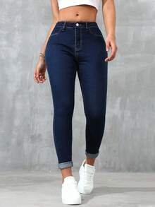 SHEIN ICON Plus Size Women's Classic Blue Denim Skinny Jeans Spring - Blue - View 4