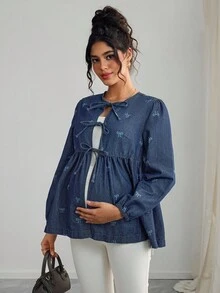 SHEIN 孕妇蝴蝶印花打结休闲长袖牛仔衬衫 - 深色水洗藍 - 查看 5