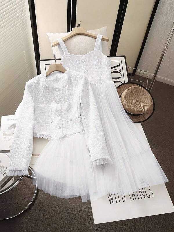 Regalyn Conjunto de 2 piezas de chaqueta de malla de alta gama con botones de perlas falsas y vestido camisola elegante para fiesta y banquete, talla grande