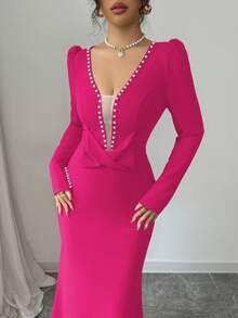 Elenzga Vestido elegante y romántico de mujer con cuello en V, cintura con lazo y corte evasé, con decoración de perlas, adecuado para ocasiones formales