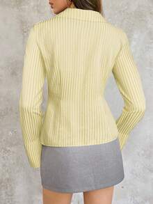 SHEIN Unity 女式条纹印花不对称下摆纽扣长袖衬衫 - 黃色 - 查看 2