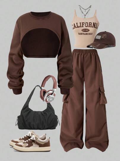 Sparklyn 3pcs/Set Teenager Girls T-Shirt, Cropped T-Shirt & Pants Set, Camisole With Letter Print, Cropped T-Shirt Design, Pants With 2 Pockets, Suitable For Autumn/Winter Outings, Walking, Shopping, Sports, Commuting, Can Be Paired With Jacket