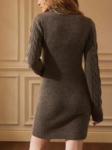 Écloséra French Casual Retro Versatile Daily Commuting Holiday Holiday High Collar Lapel Button Rope Weave Long Sleeve Short Slim Earth Tone Dark Khaki Mocha Christmas Holiday Brown Dress Out Dress Halloween Costume Christmas Women's Autumn Clothes Women's Winter Clothes Women's Sweater Dress - Mocha Brown - View 2
