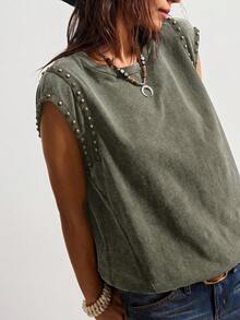 Bohemela 夏季西部音乐节纯色铆钉针织水洗宽松女士T恤 - 橄欖綠 - 查看 5