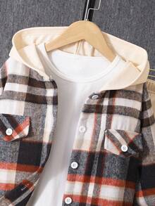 2pcs/Set Girls Plaid Hooded Jacket And Drawstring Casual Pants Fall Winter - Khaki - View 5
