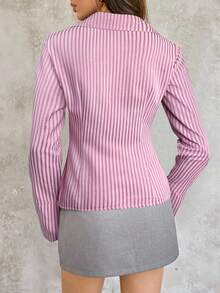 SHEIN Unity 女式休闲条纹纽扣前喇叭袖衬衫，秋季 - 粉色 - 查看 2