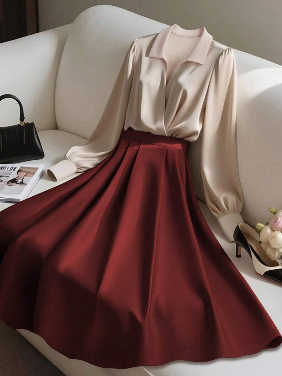 Franclia Elegant Fashion Shiny Fabric Top And Pleated Midi Skirt 2 Pieces Set, Suitable For Autumn/Winter - Multicolor - View 1