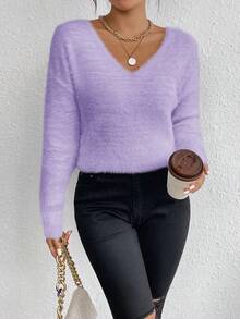 EMERY ROSE Áo len dệt kim mềm mại cổ chữ V màu trắng, áo chui đầu dài tay, thu/đông - Màu tím - Xem 6