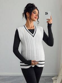 SHEIN Maternity V-Neck Twist Cable Contrast Trim Casual Sleeveless Sweater Vest