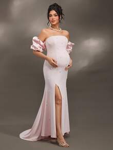 Cheriluna Maternity Cheriluna 女式法式设计串珠泡泡袖露肩孕妇装，拍照连衣裙 - 粉色 - 查看 7