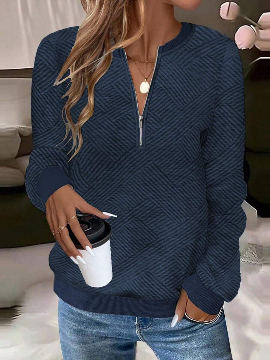 EMERY ROSE Sudadera de mujer para otoño, cuello en pico, manga larga, manga raglán, empalme acanalado, decoración con cremallera, tela texturizada - Azul Marino - Ver 1