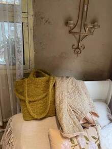 Joivida 1 pieza Bolso de tela de estilo retro clásico, bolso de hombro de unicolor de material de lana mostaza, estilo perezoso y casual, adecuado para viajes y fotografía, de gran capacidad - Multicolor - Ver 4