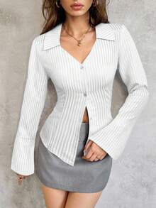 SHEIN Unity 女士前扣长袖条纹休闲衬衫，日常穿着 - 白色 - 查看 6