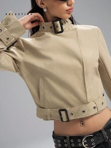 LYSMO 女式纯色长袖纽扣立领短款休闲风衣，秋季 - 杏色 - 查看 4