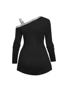 SHEIN Clasi Kaos Ukuran Besar Berkilau dengan Bahu Miring dan Desain Asimetris, Elegan untuk Pemakaian Sehari-hari dan Pesta - Hitam - View 2