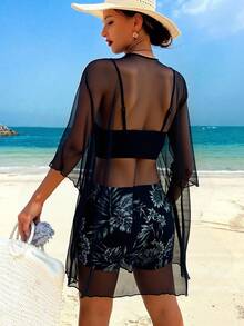 Swim Lushoire 女士熱帶植物印花泳衣套裝 - 黑色 - 查看 2