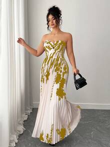 Elenzga Plus Size Women Elegant Floral Print Ruched Bandeau Dress, Summer - Ginger - View 5