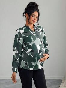 SHEIN 孕妇圆领全印花镂空领长袖衬衫 - 軍綠色 - 查看 4