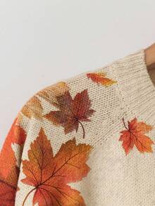 Linhara Plus Size Maple Leaf Pattern Crew Neck Casual Long Sleeve Pullover Sweater Fall Winter - Apricot - View 4