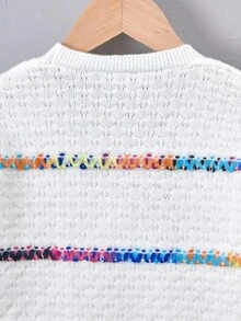 SHEIN 年轻女孩的彩色渐变条纹长袖针织开衫，柔软舒适，适合休闲、优雅场合，例如外出、旅行、度假、居家、日托、秋冬、圣诞节、返校、派对 - 白色 - 查看 14