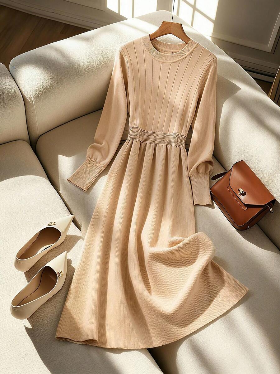 Franclia 优雅淑女休闲修身圆领长袖针织腰A字杏色女式毛衣裙，秋冬 - 杏色 - 查看 1