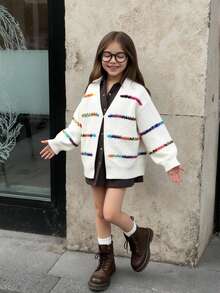 SHEIN 年轻女孩的彩色渐变条纹长袖针织开衫，柔软舒适，适合休闲、优雅场合，例如外出、旅行、度假、居家、日托、秋冬、圣诞节、返校、派对 - 白色 - 查看 5