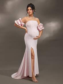 Cheriluna Maternity Cheriluna 女式法式设计串珠泡泡袖露肩孕妇装，拍照连衣裙 - 粉色 - 查看 6