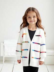 SHEIN 年轻女孩的彩色渐变条纹长袖针织开衫，柔软舒适，适合休闲、优雅场合，例如外出、旅行、度假、居家、日托、秋冬、圣诞节、返校、派对 - 白色 - 查看 7