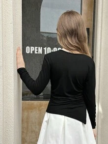 Serisse Kids Tween-Mädchen Schwarzes, plissiertes, tailliertes T-Shirt aus Samt mit Schlitz, geeignet für den Herbst, kann als Unterbekleidung oder Oberbekleidung getragen werden, vielseitig einsetzbar